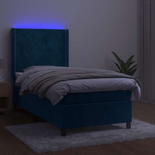 Боксспринг легло с матрак и LED, тъмносиньо, 80x200 см, кадифе