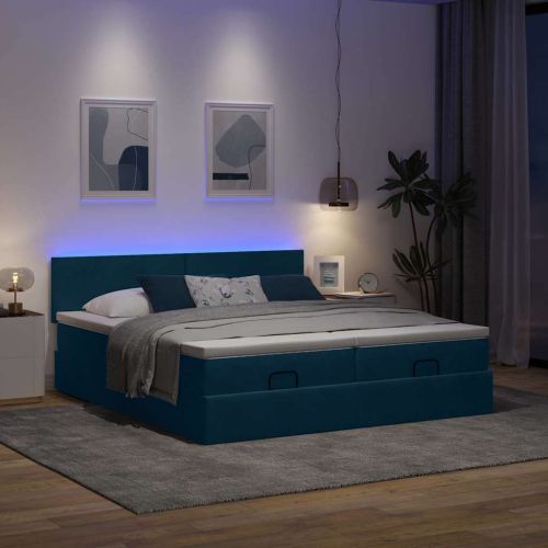 Османска легло с матраци и LED, тъмносиньо, 160x200 см, кадифе