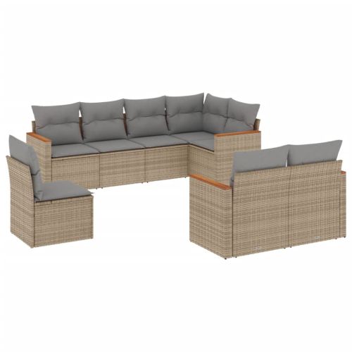 Градински диван с възглавници, 8 части, бежов полиратан