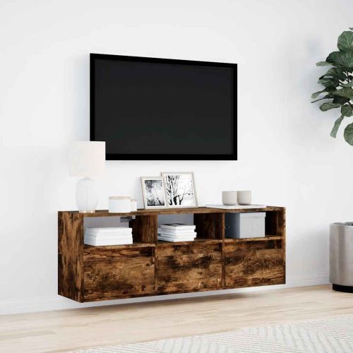 Стенен ТВ шкаф с LED осветление, опушен дъб, 130x31x45 см