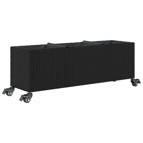 Външен плантер с колела и 3 саксии черен 107x32x38 см полиратан