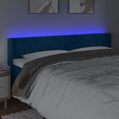 LED горна табла за легло, тъмносиня, 163x16x78/88 см, кадифе