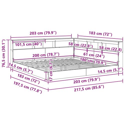 Легло с библиотека Бетонно сиво 180 x 200 cm Инженерно дърво