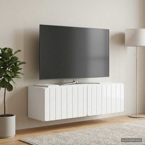 Стенно монтиран ТВ шкаф Бял гланц 98 x 31 x 30 см