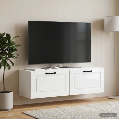 Стенно монтиран ТВ шкаф Бял гланц 98 x 31 x 30 см