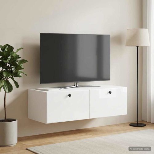 Стенно монтиран ТВ шкаф 98 x 41 x 30 см Бял гланц