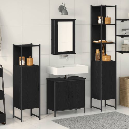 Комплект мебели за баня с рафт 4 pcs Черно Инженерно дърво