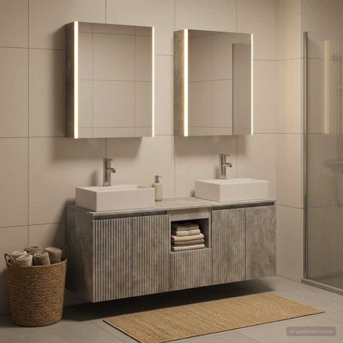Комплект шкафове за баня 5 pcs Бетонно сиво Инженерна дървесина