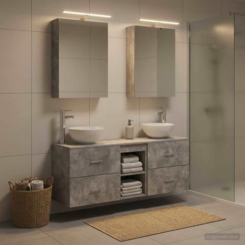 Комплект шкафове за баня 5 pcs Бетонно сиво 50 x 14,5 x 70 см