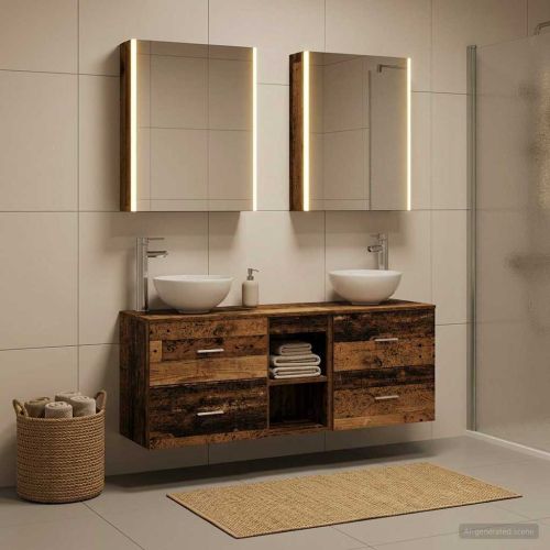 Комплект шкафове за баня 5 pcs Старо дърво 53 x 15,5 x 70 см