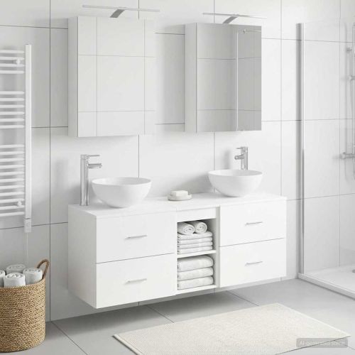 Комплект мебели за баня 5 pcs Бяло Инженерна дървесина и стъкло