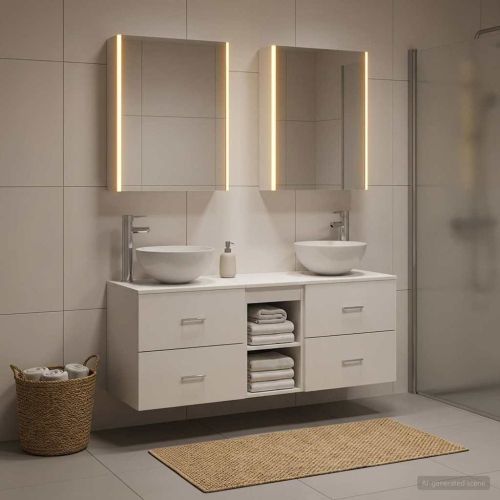 Комплект мебели за баня 5 pcs Бяло Инженерна дървесина и стъкло