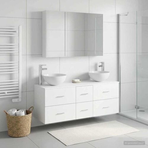 Комплект мебели за баня 4 pcs Бяло Инженерна дървесина и стъкло