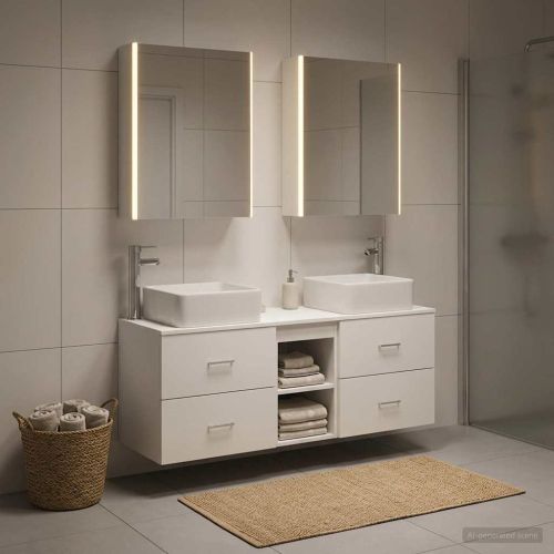 Комплект мебели за баня 5 pcs Бяло Инженерна дървесина и стъкло
