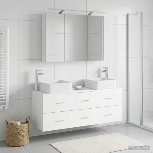 Комплект мебели за баня 4 pcs Бяло Инженерна дървесина и стъкло