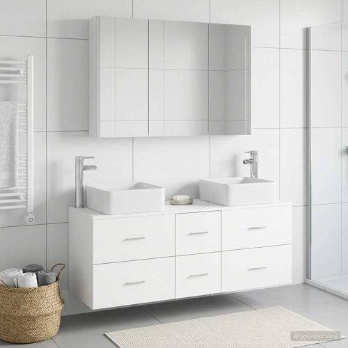 Комплект мебели за баня 4 pcs Бяло Инженерна дървесина и стъкло