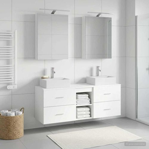 Комплект мебели за баня 5 pcs Бяло Инженерна дървесина и стъкло
