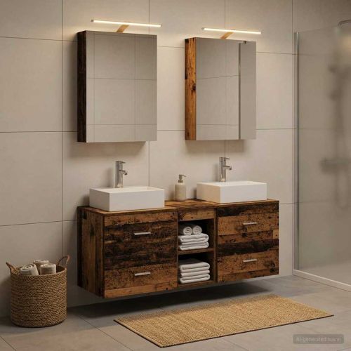 Комплект мебели за баня 5 pcs Старо дърво