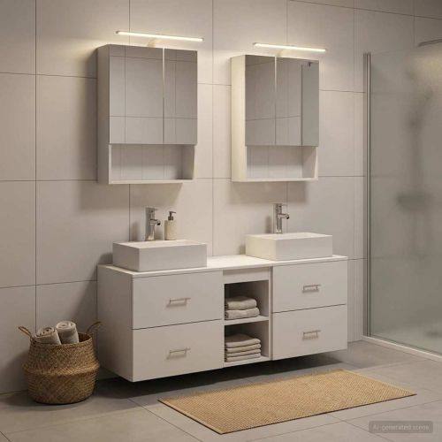 Комплект мебели за баня 5 pcs Бяло Инженерна дървесина и стъкло
