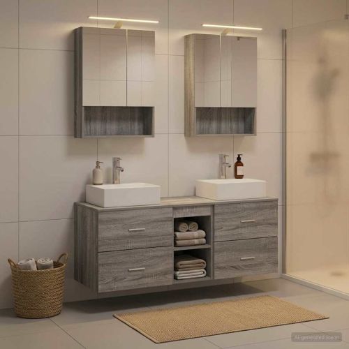 Комплект мебели за баня 5 pcs Сив Сонома