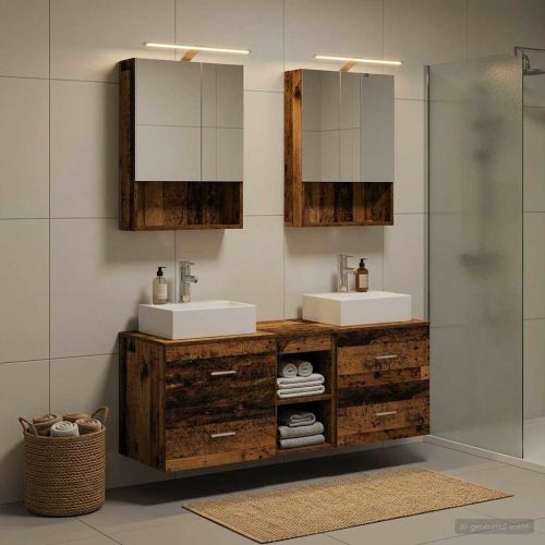 Комплект мебели за баня 5 pcs Старо дърво