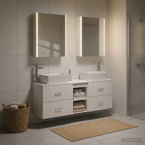 Комплект мебели за баня 5 pcs Бяло Инженерна дървесина и стъкло