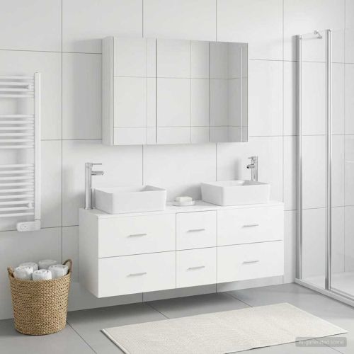 Комплект мебели за баня 4 pcs Бяло Инженерна дървесина и стъкло