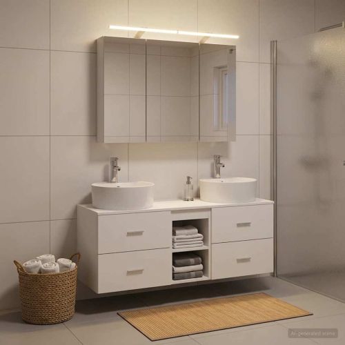 Комплект мебели за баня 4 pcs Бяло Инженерна дървесина и стъкло