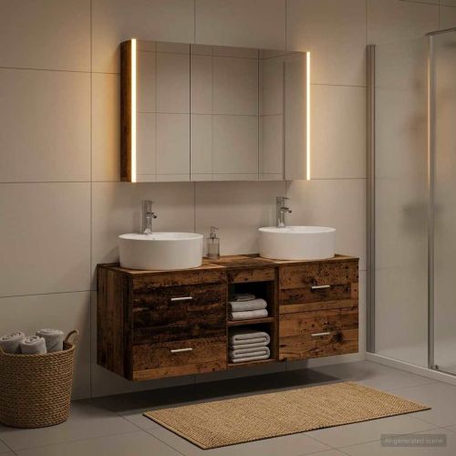 Комплект мебели за баня 4 pcs Старо дърво