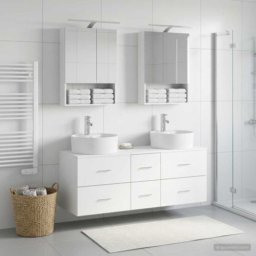 Комплект мебели за баня 5 pcs Бяло Инженерна дървесина и стъкло