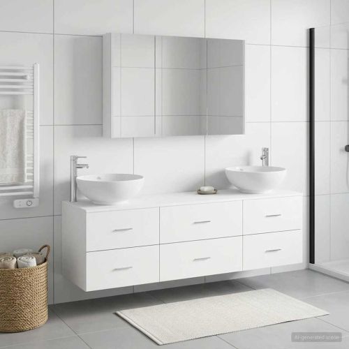 Комплект мебели за баня 4 pcs Бяло Инженерна дървесина и стъкло
