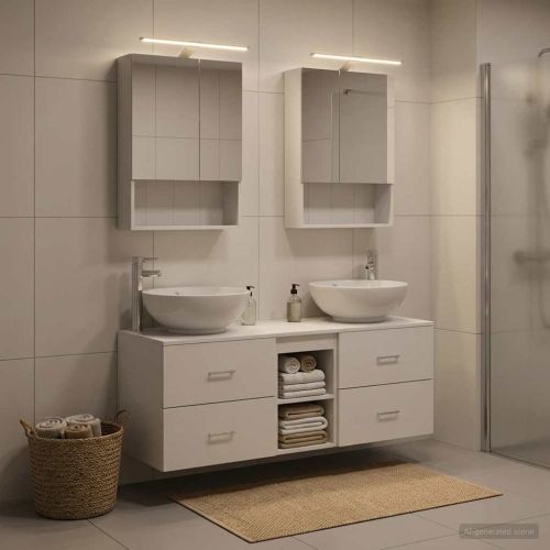 Комплект мебели за баня 5 pcs Бяло Инженерна дървесина и стъкло