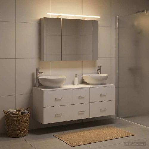 Комплект мебели за баня 4 pcs Бяло Инженерна дървесина и стъкло