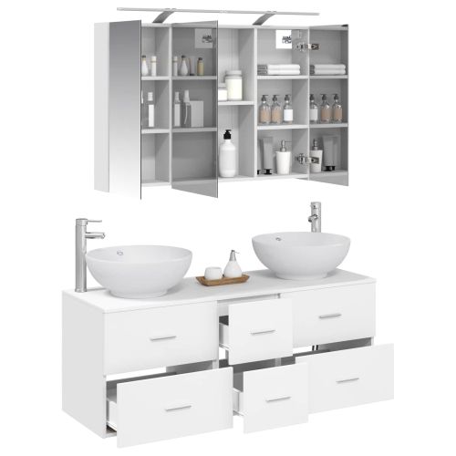 Комплект мебели за баня 4 pcs Бяло Инженерна дървесина и стъкло