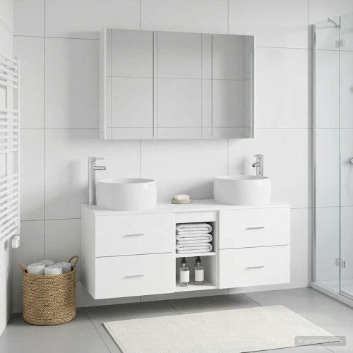 Комплект мебели за баня 4 pcs Бяло Инженерна дървесина и стъкло