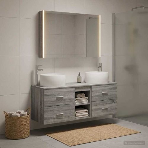 Комплект мебели за баня 4 pcs Сив Сонома