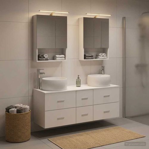 Комплект мебели за баня 5 pcs Бяло Инженерна дървесина и стъкло