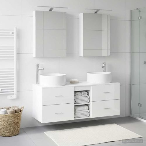 Комплект мебели за баня 5 pcs Бяло Инженерна дървесина и стъкло