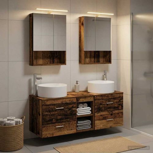 Комплект мебели за баня 5 pcs Старо дърво