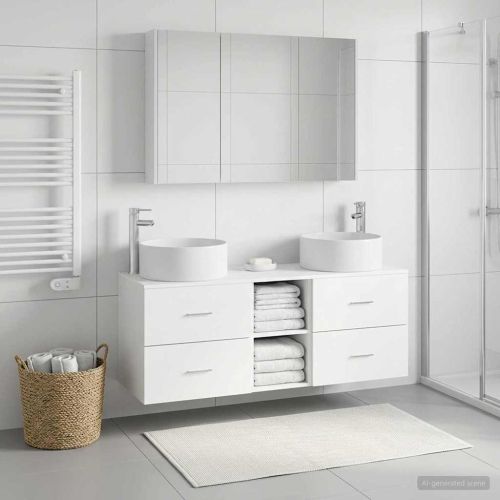 Комплект мебели за баня 4 pcs Бяло Инженерна дървесина и стъкло
