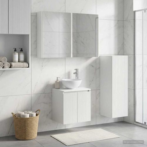 Комплект мебели за баня 4 pcs Бяло Инженерна дървесина и стъкло