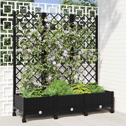 Градински сандък с решетка и колела Черно 120 x 40 x 131,5 см