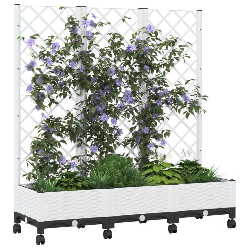 Градински сандък с решетка и колела Бяло 120 x 40 x 131,5 см ПП