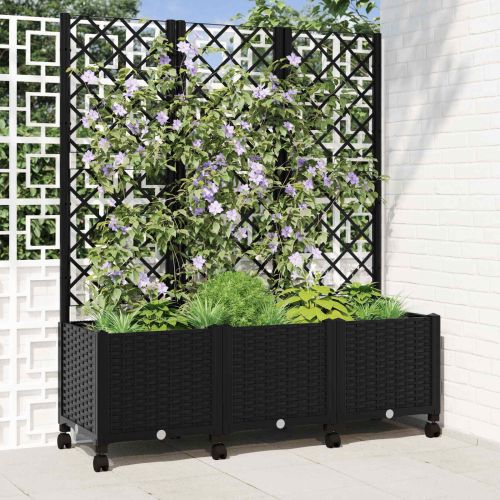Градински сандък с решетка и колела Черно 120 x 40 x 146 см ПП
