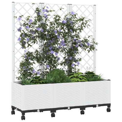 Градински сандък с решетка и колела Бяло 120 x 40 x 146 см ПП