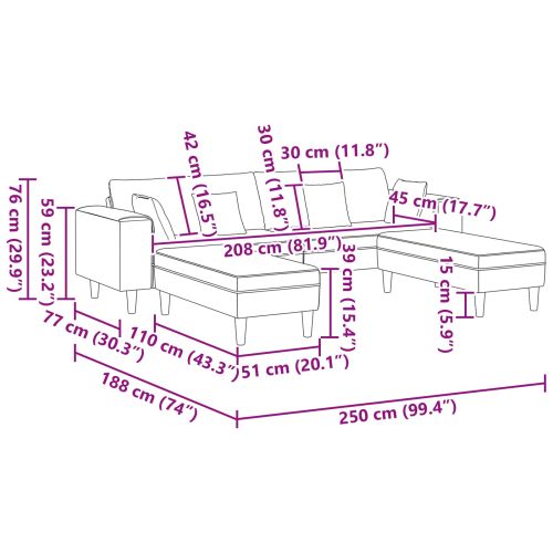 Диван 3 pcs Розово 250 x 188 x 76 см Кадифе