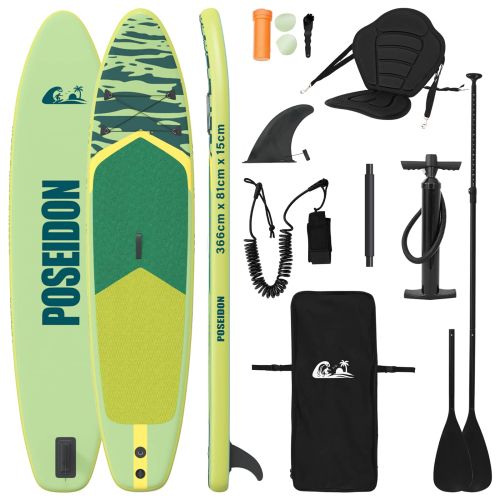 SUP дъска с седалка 2 в 1 POSEIDON 366 x 81 x 15 см Зелено за