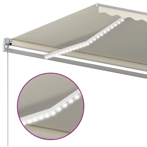 Ръчно прибиращ се сенник с LED, 500x300 см, кремав