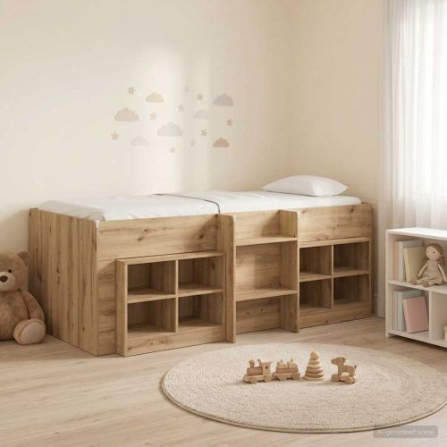 Легло на двуетажно ниво с шкаф с рафт 3 бр. Дъб артизан