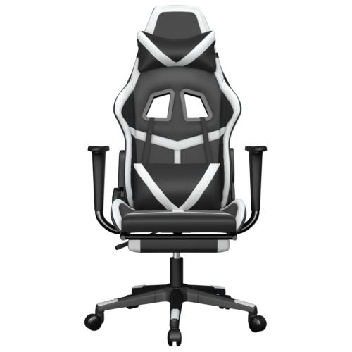 Масажен гейминг стол с опора за крака черно-бял изкуствена кожа